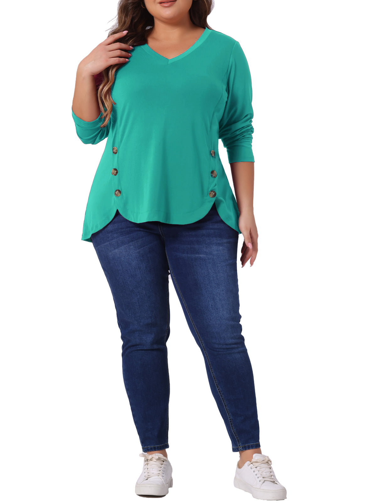 Women Plus Size Tunic Tops Casual V Neck Loose Button Side Long Sleeve Swing Blouse