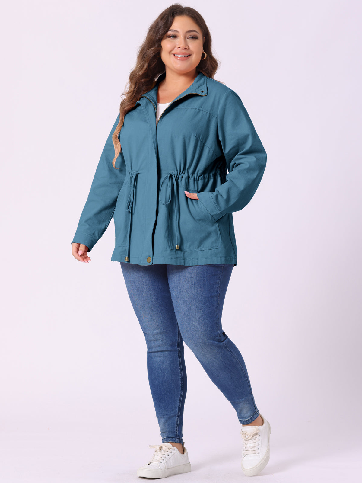 Women's Plus Size Jackets Lightweight Anorak Drawstring Utility Jacket with Pockets