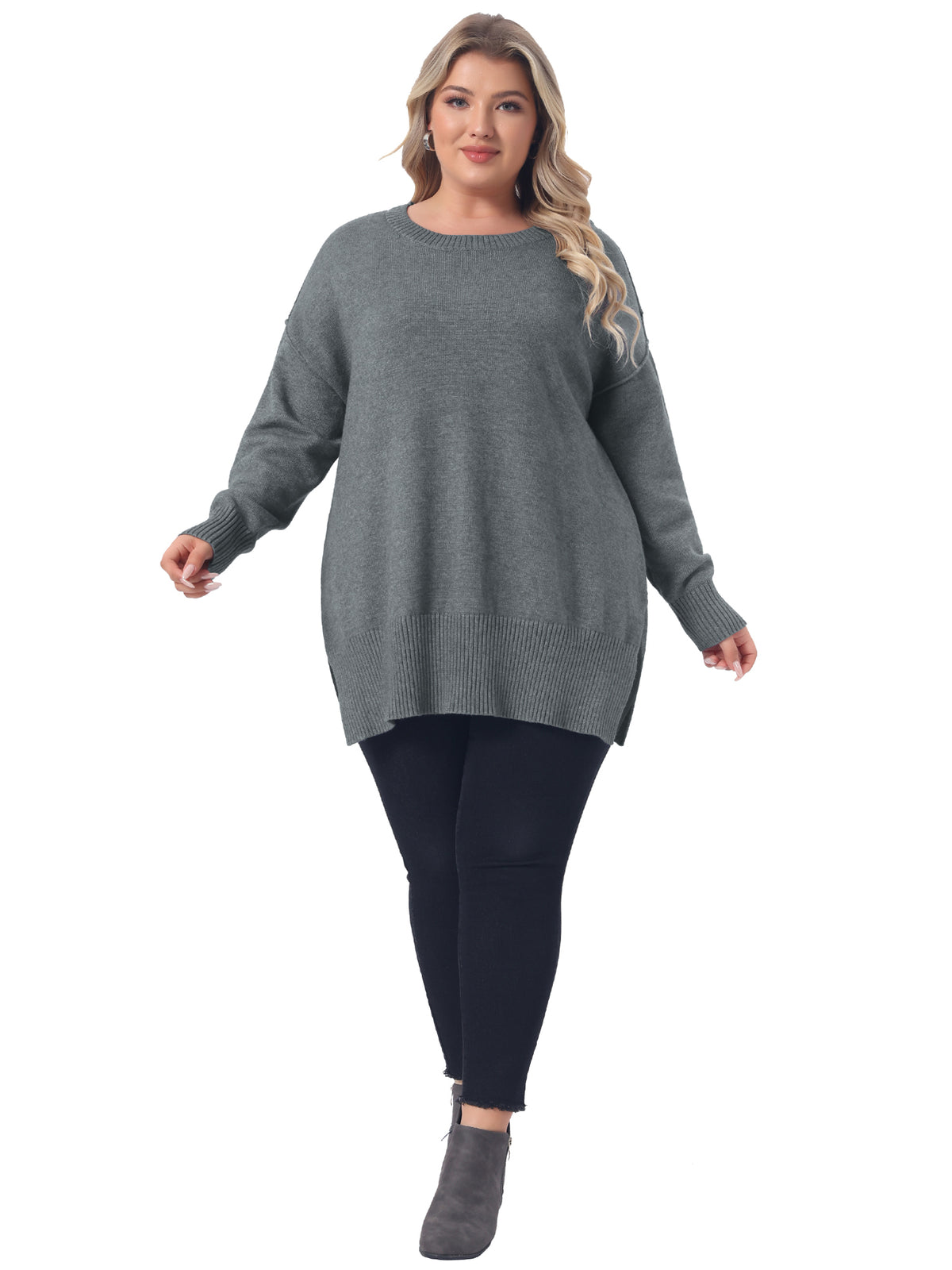 Women Plus Size Sweater Oversized Crew Neck Long Sleeve Slit hem Knit Pullover Sweater Tops