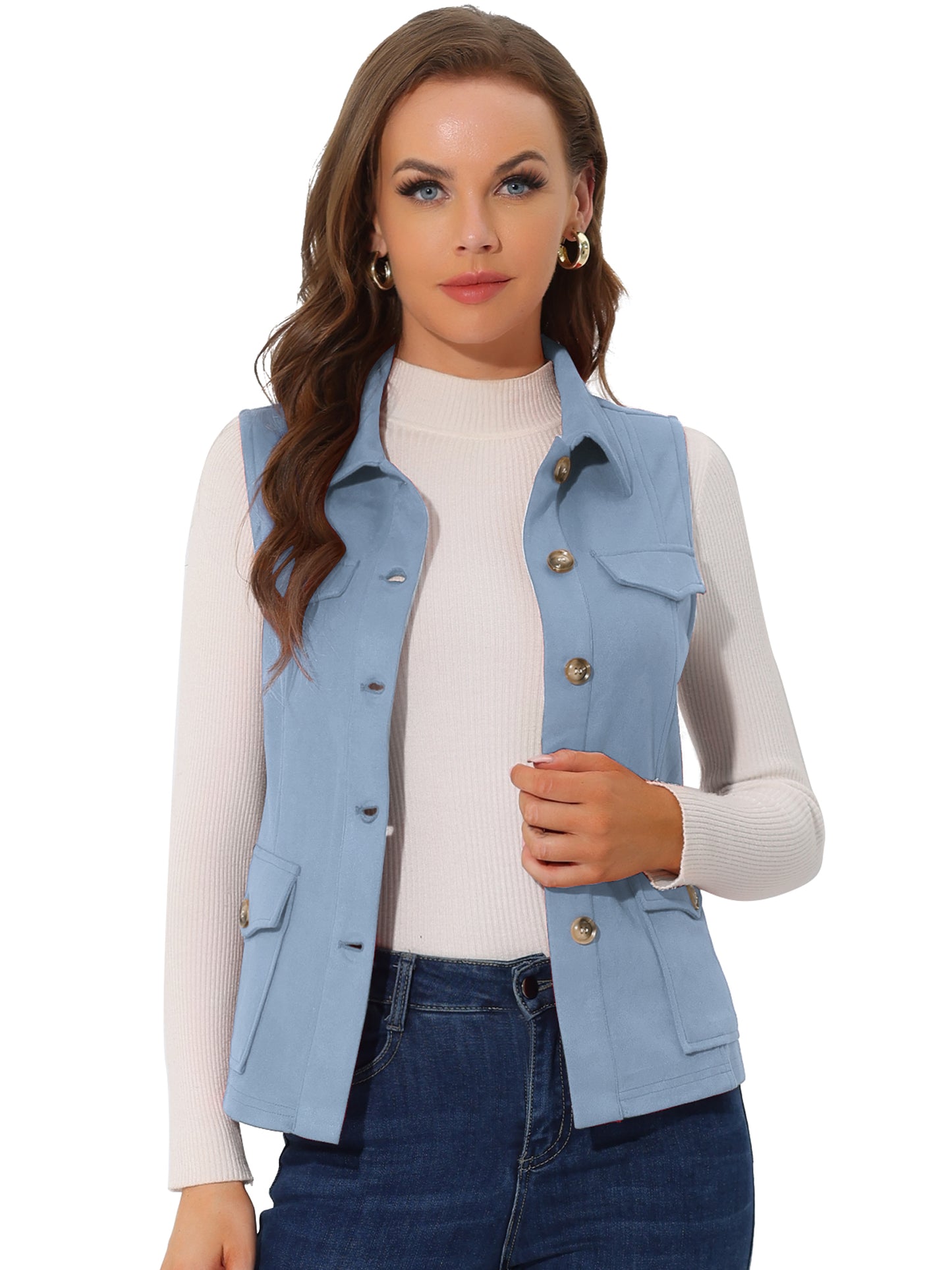 Women's Faux Suede Vest Button Down Pocket Sleeveless Fall Jacket