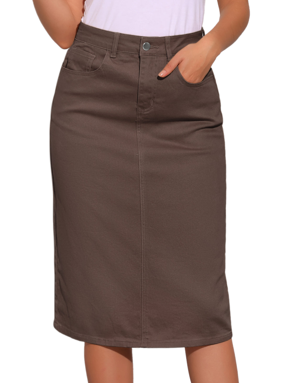 Women's Casual Denim Skirt High Waist Split Back Pockets Midi Jean Skirt (Available in Plus Size)