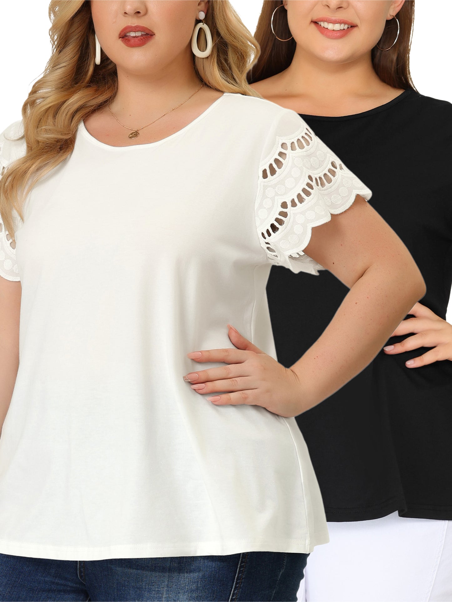[PACK SALES] Women's Plus Size 2 Pieces Short Sleeve Lace Panel Elegant Work Pullover Tops