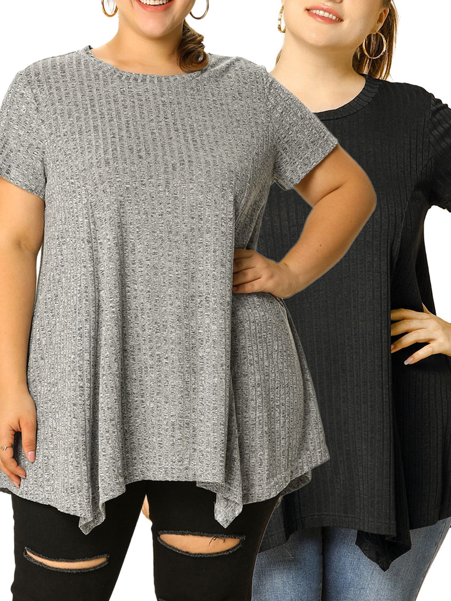 [PACK SALES] Women's Plus Size 2 Pieces Short Sleeve Asymmetrical Hem Round Neck Solid Packs Top
