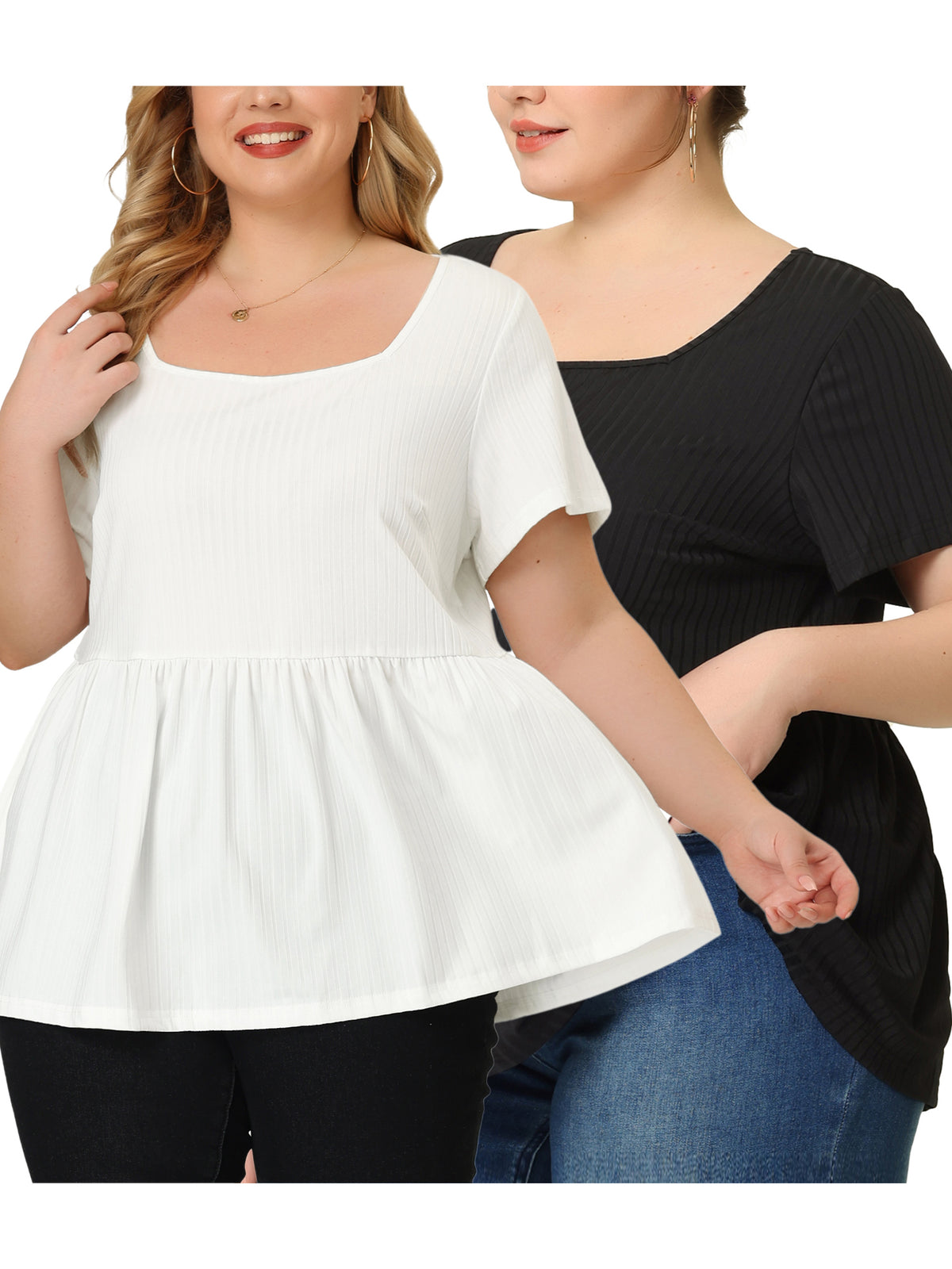 [PACK SALES] Women's Plus Size 2 Pieces Peplum Square Neck Rib Solid Babydoll Packs Blouse