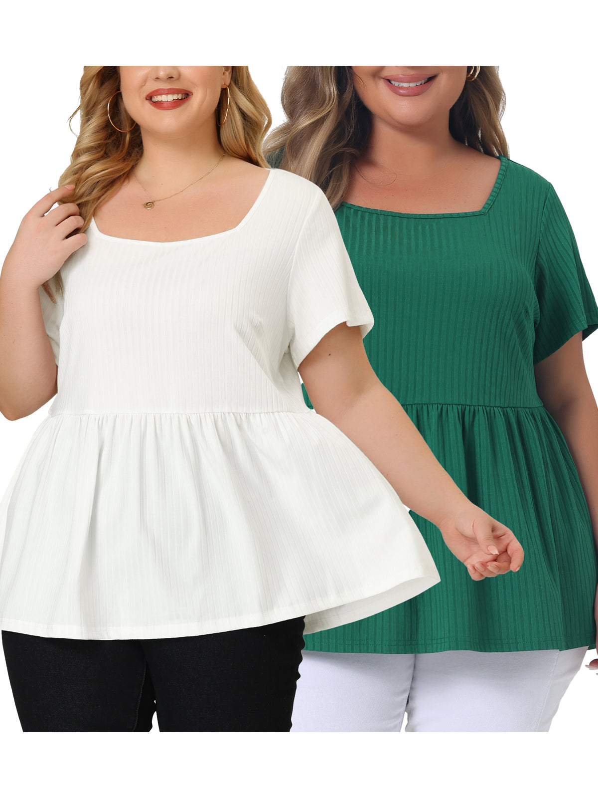 [PACK SALES] Women's Plus Size 2 Pieces Peplum Square Neck Rib Solid Babydoll Packs Blouse