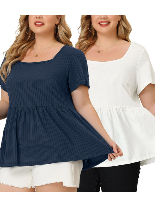 [PACK SALES] Women's Plus Size 2 Pieces Peplum Square Neck Rib Solid Babydoll Packs Blouse