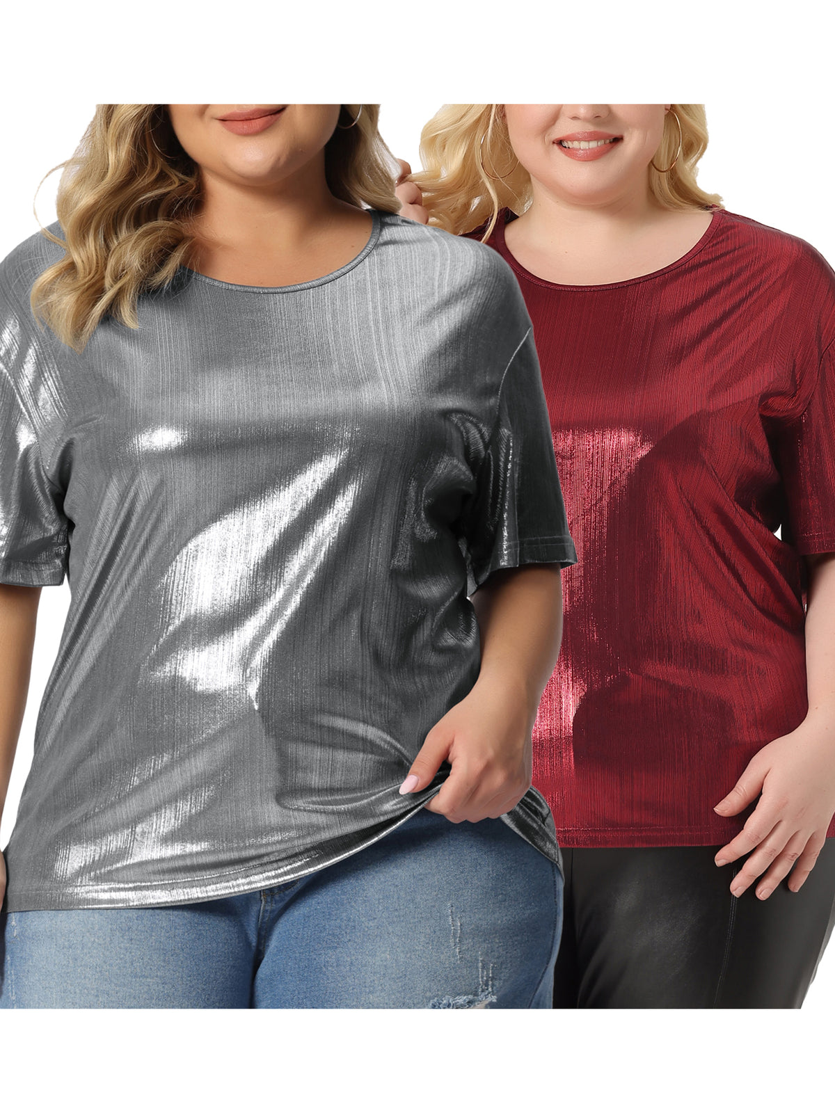 [PACK SALES] Women's Plus Size 2 Pieces Metallic Holographic Concert Carnival Party Pullover Tops