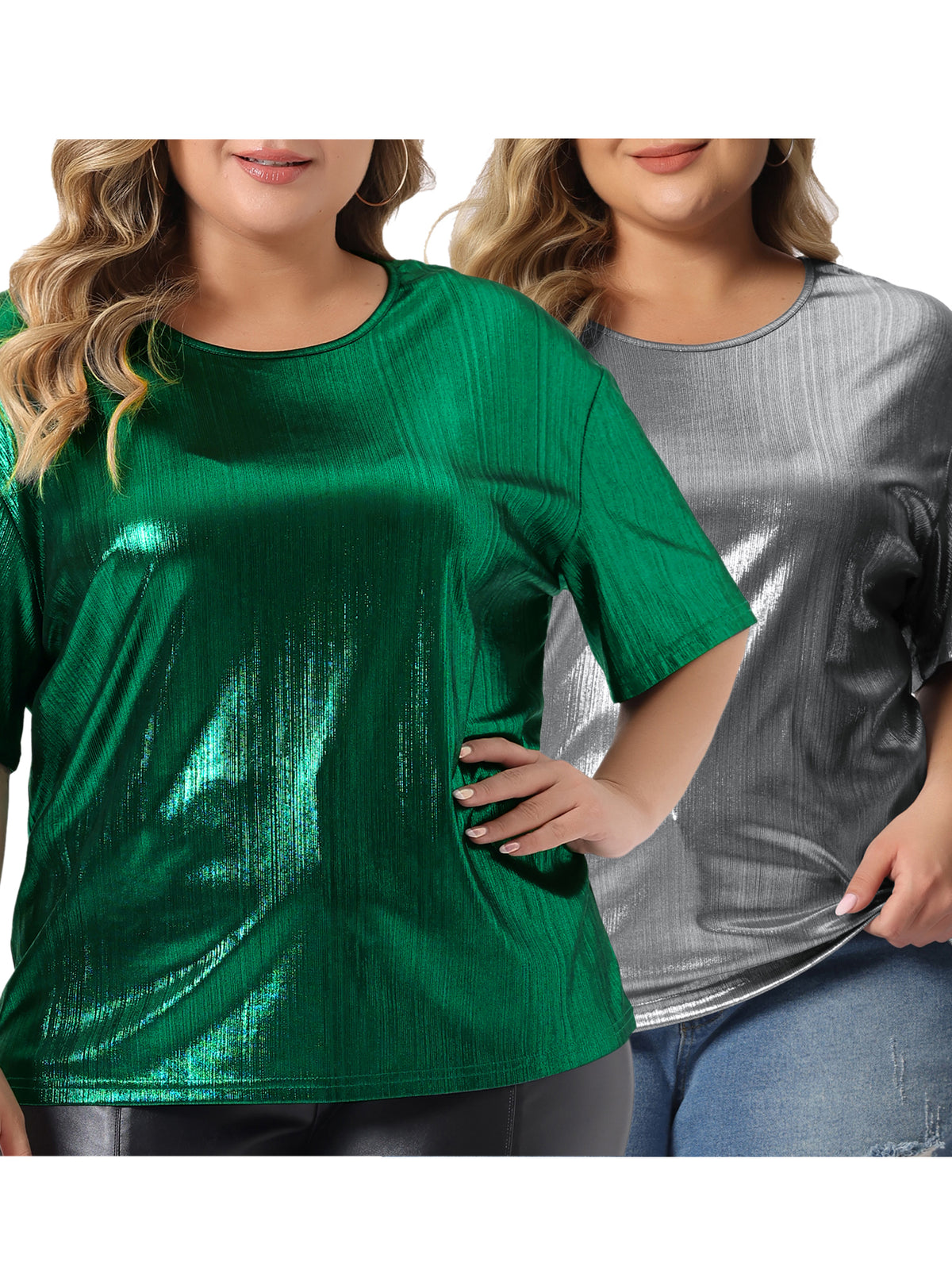 [PACK SALES] Women's Plus Size 2 Pieces Metallic Holographic Concert Carnival Party Pullover Tops