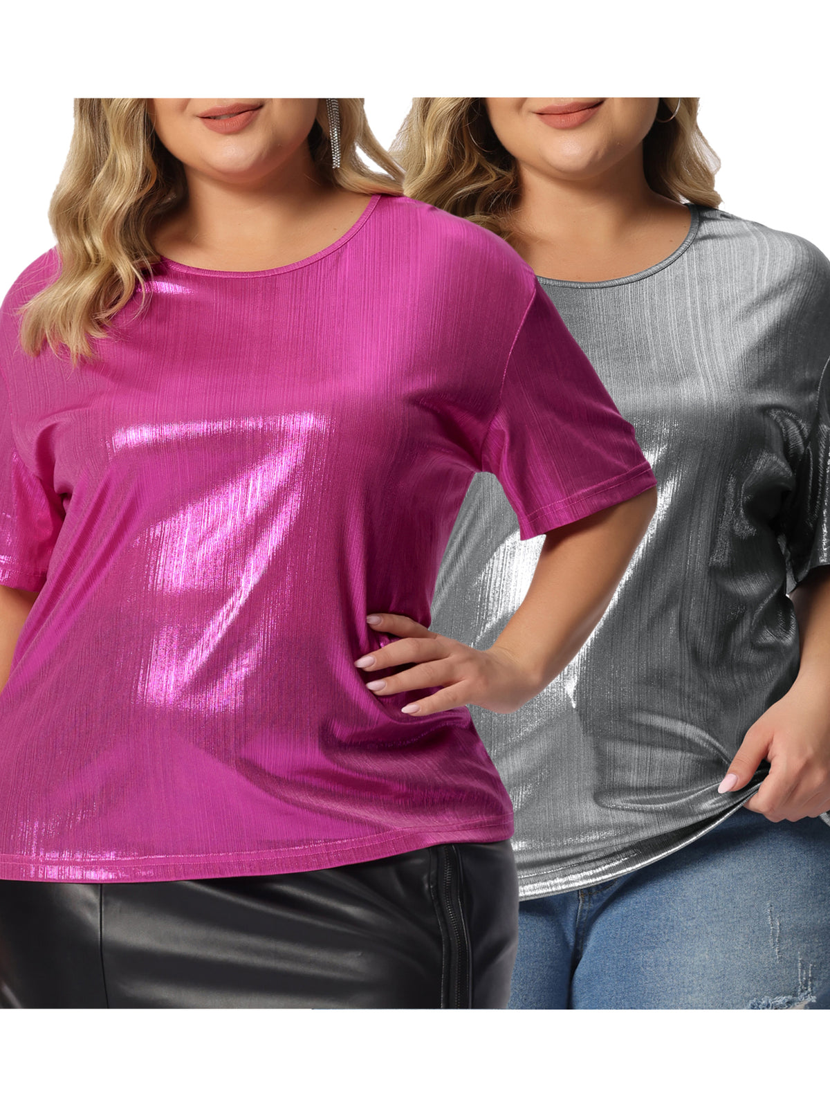 [PACK SALES] Women's Plus Size 2 Pieces Metallic Holographic Concert Carnival Party Pullover Tops