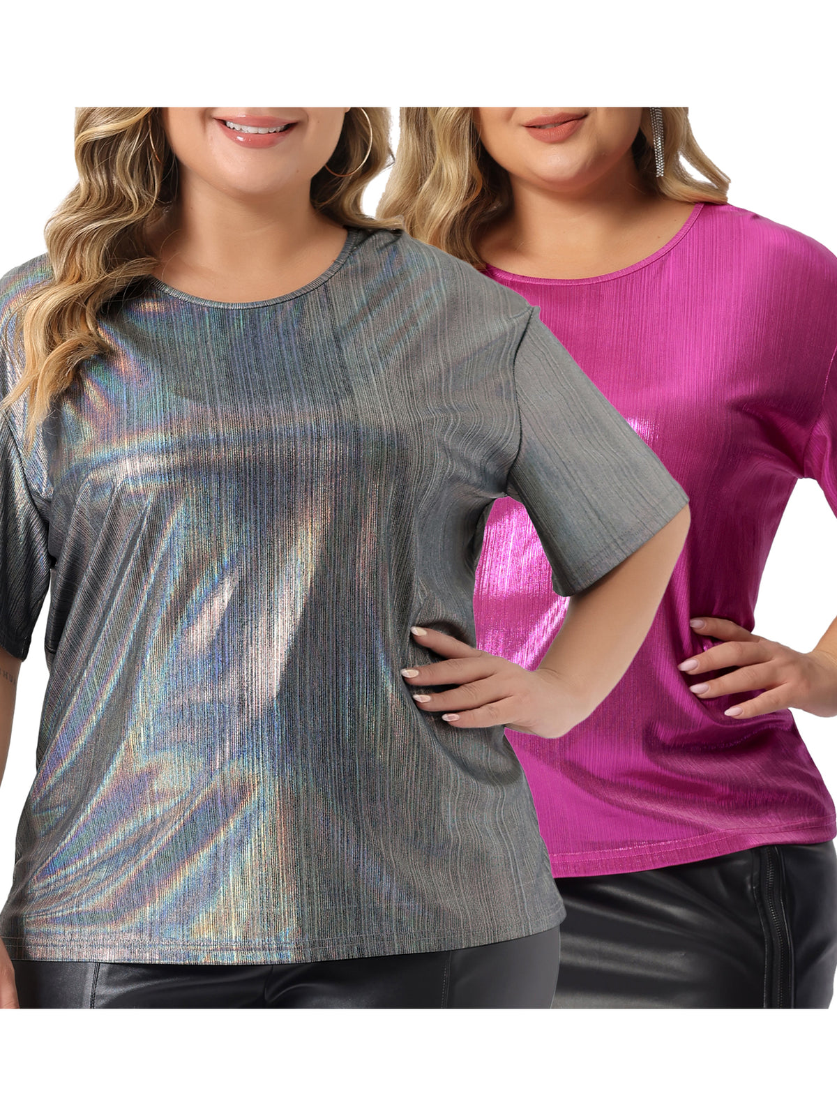 [PACK SALES] Women's Plus Size 2 Pieces Metallic Holographic Concert Carnival Party Pullover Tops
