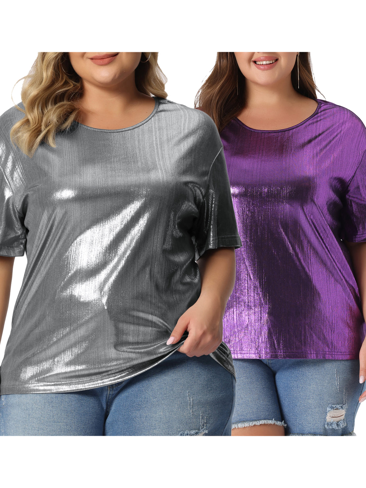 [PACK SALES] Women's Plus Size 2 Pieces Metallic Holographic Concert Carnival Party Pullover Tops