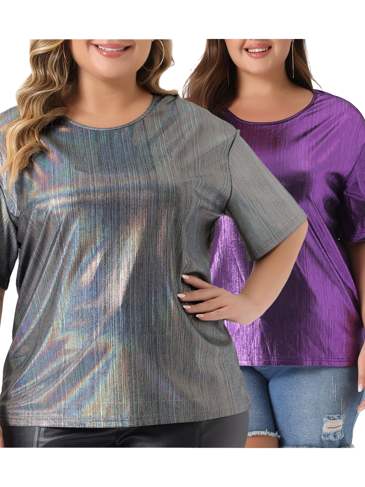 [PACK SALES] Women's Plus Size 2 Pieces Metallic Holographic Concert Carnival Party Pullover Tops