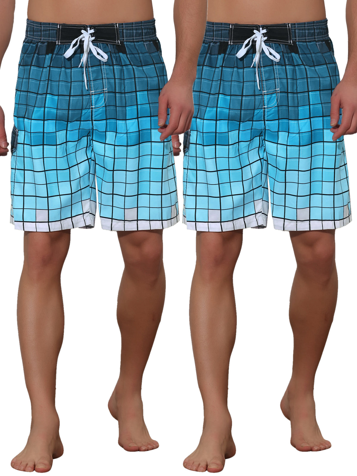 [PACK SALES] Men's 2 Pieces Hawaiian Drawstring Waist Color Block Plaid Board Shorts