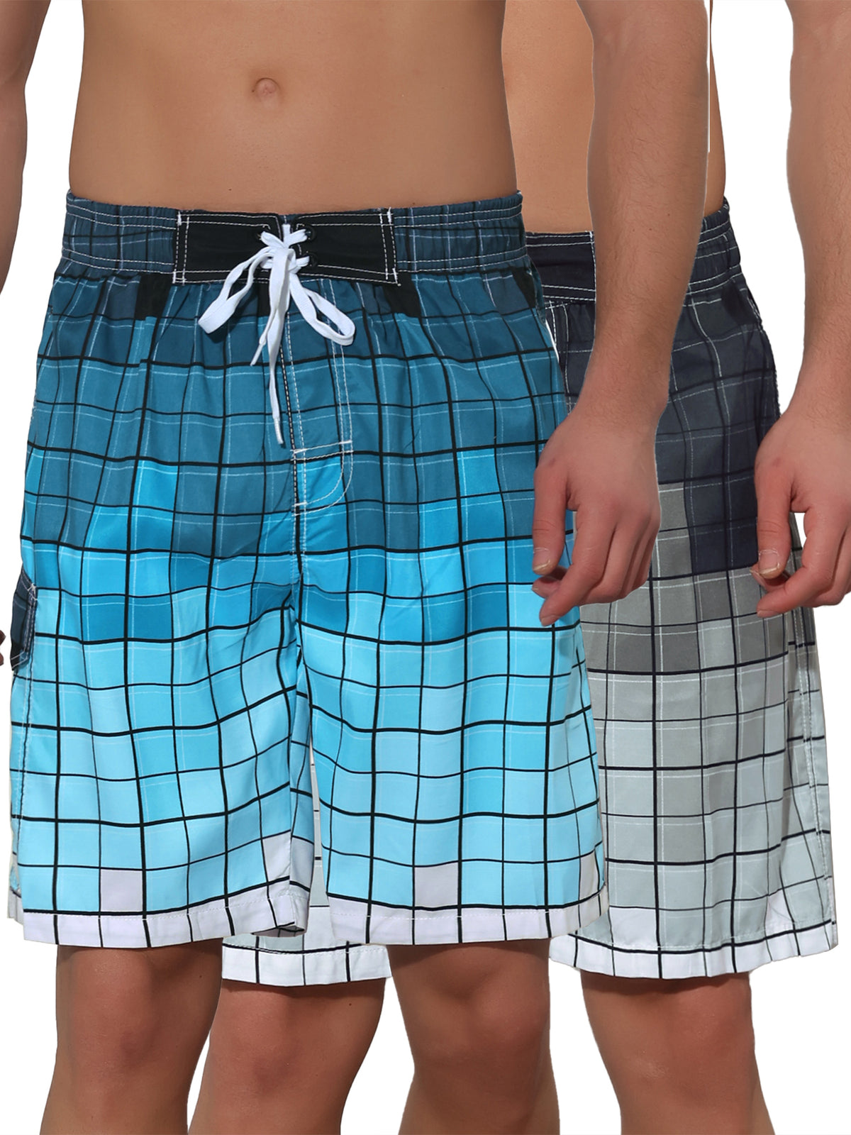 [PACK SALES] Men's 2 Pieces Hawaiian Drawstring Waist Color Block Plaid Board Shorts