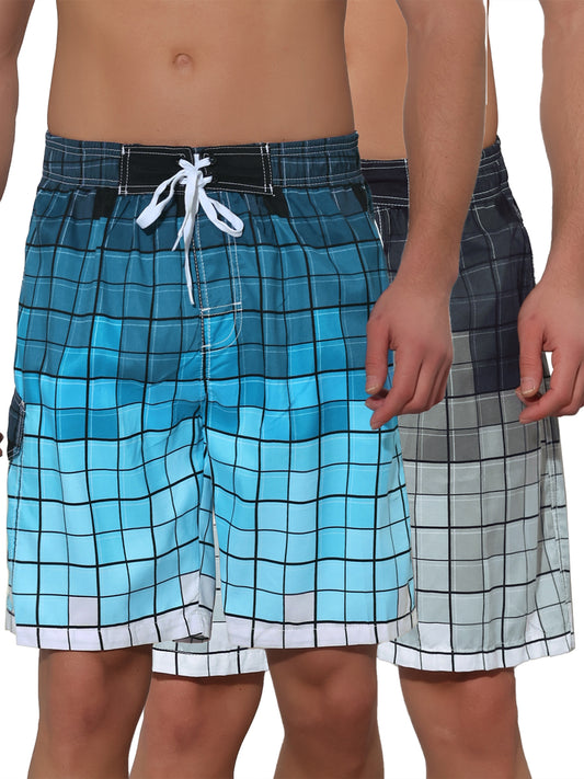 [PACK SALES] Men's 2 Pieces Hawaiian Drawstring Waist Color Block Plaid Board Shorts