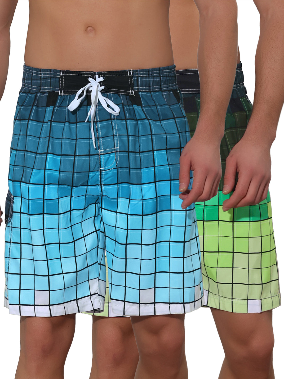[PACK SALES] Men's 2 Pieces Hawaiian Drawstring Waist Color Block Plaid Board Shorts