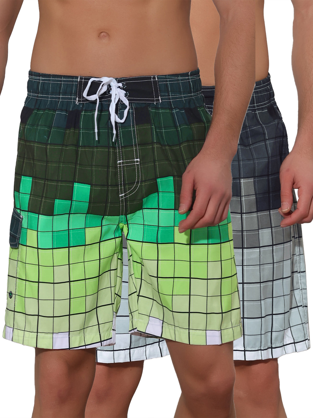 [PACK SALES] Men's 2 Pieces Hawaiian Drawstring Waist Color Block Plaid Board Shorts