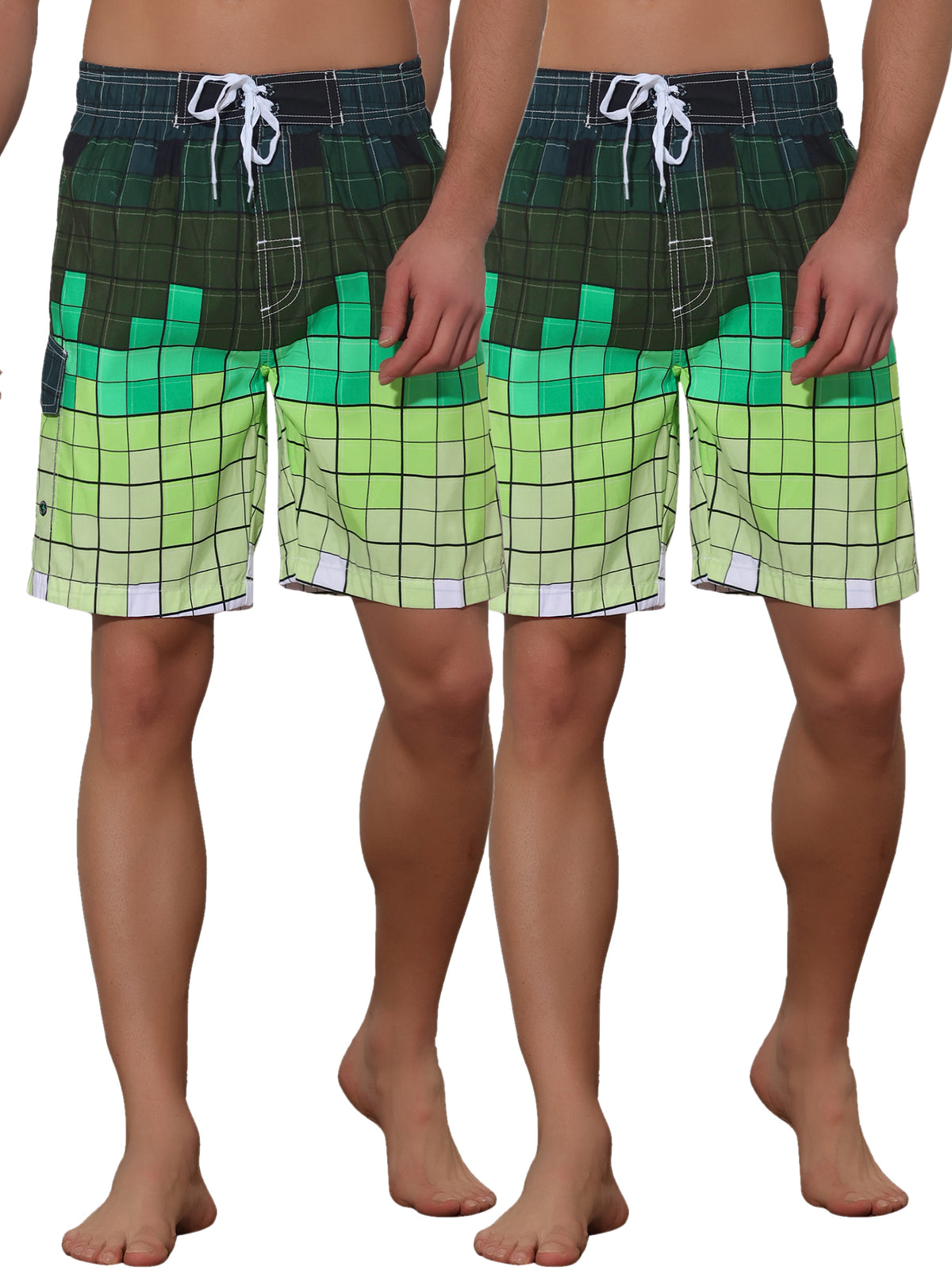 [PACK SALES] Men's 2 Pieces Hawaiian Drawstring Waist Color Block Plaid Board Shorts