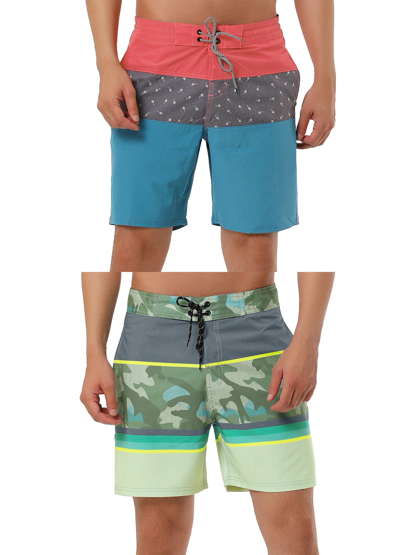 [PACK SALES] Men's 2 Pieces Contrast Color Design Drawstring Wasit Beach Board Shorts