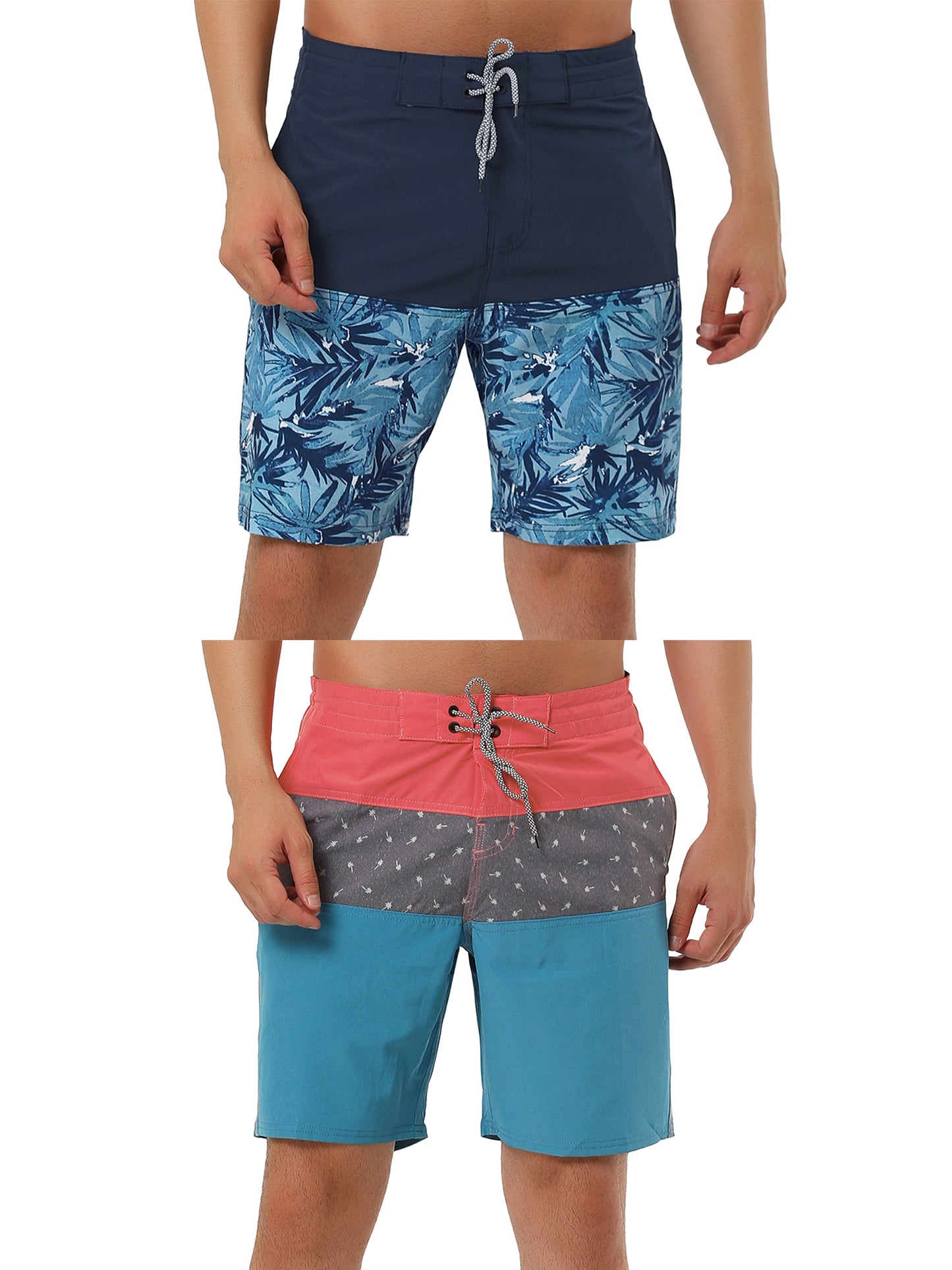 [PACK SALES] Men's 2 Pieces Contrast Color Design Drawstring Wasit Beach Board Shorts