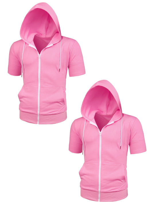 [PACK SALES] Men's 2 Pieces Solid Color Zip Up Short Sleeves Sweatshirt with Drawstring Hood