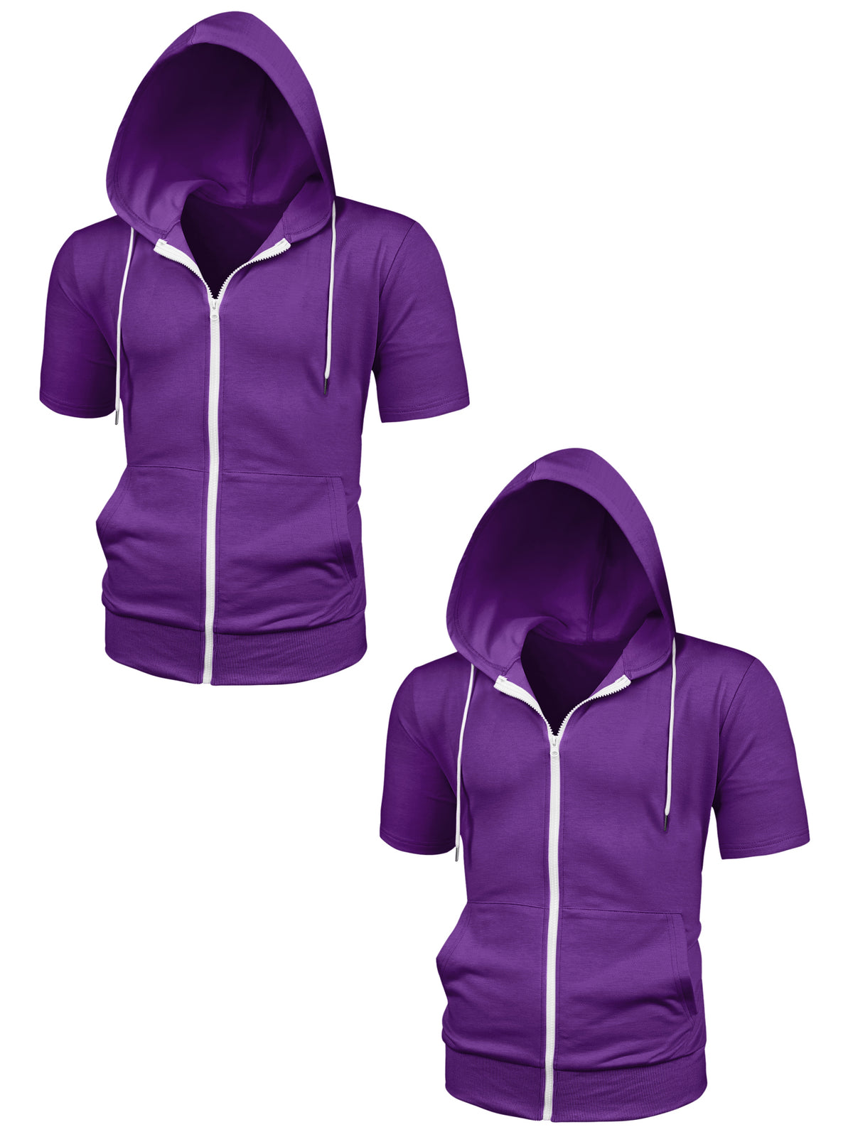 [PACK SALES] Men's 2 Pieces Solid Color Zip Up Short Sleeves Sweatshirt with Drawstring Hood