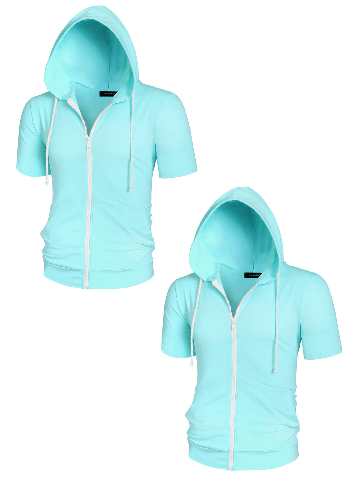 [PACK SALES] Men's 2 Pieces Solid Color Zip Up Short Sleeves Sweatshirt with Drawstring Hood