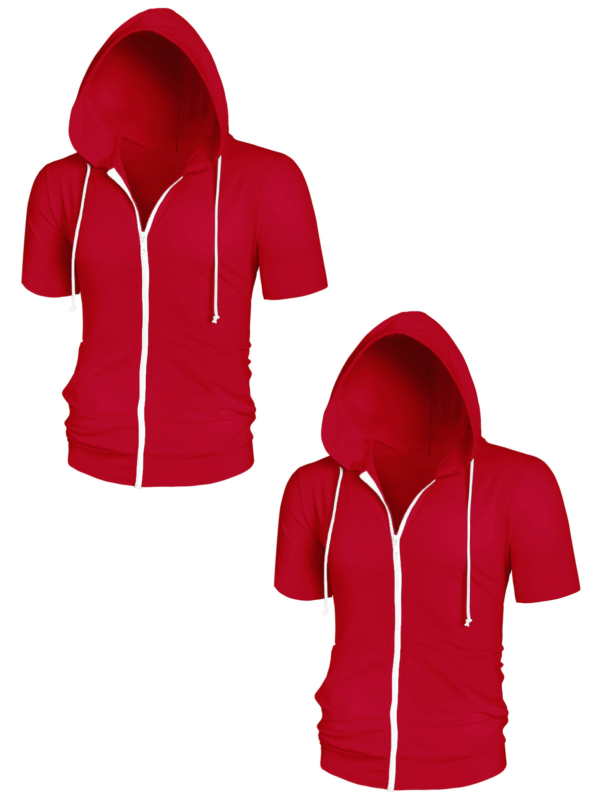 [PACK SALES] Men's 2 Pieces Solid Color Zip Up Short Sleeves Sweatshirt with Drawstring Hood