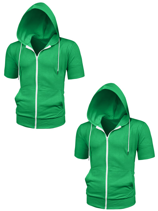 [PACK SALES] Men's 2 Pieces Summer Lightweight Zip Up Short Sleeves Hooded Sweatshirt