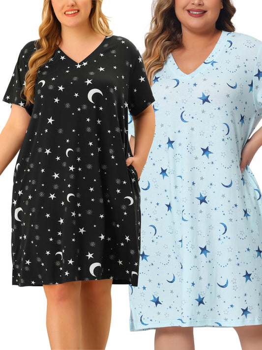 [PACK SALES] Women's Plus Size 2 Pieces Short Sleeve V Neck Star Moon Pattern Sleepshirt