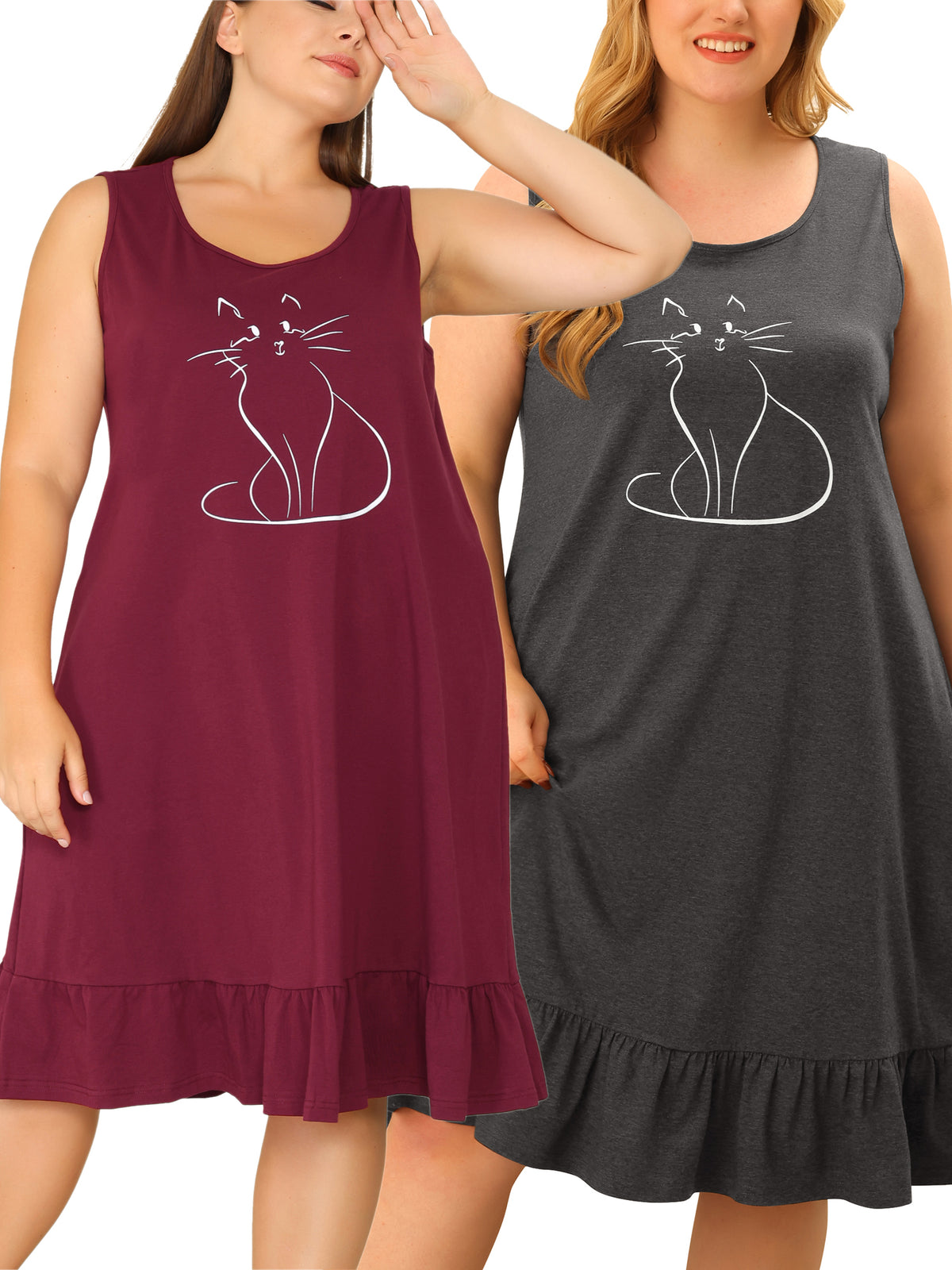 [PACK SALES] Women's Plus Size 2 Pieces Sleepdress Sleeveless Comfy Lovely Cat Nightdress