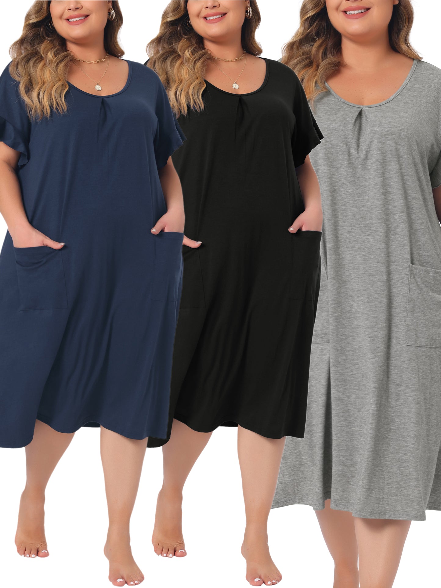 [PACK SALES] Women's Plus Size Packs Nightgowns Short Sleeve Nightshirt Pockets