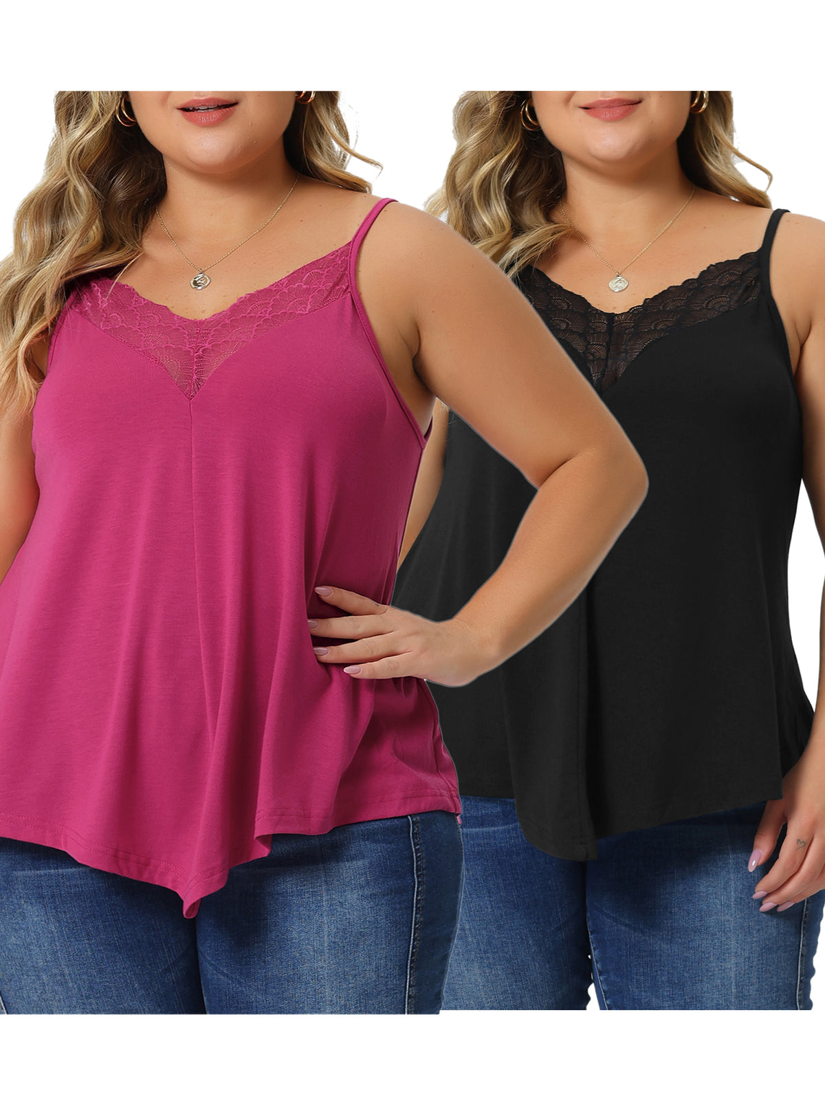 [PACK SALES] Women's Plus Size 2 Pieces Cami Tank V-Neck Lace Camisole Spaghetti Strap Tops