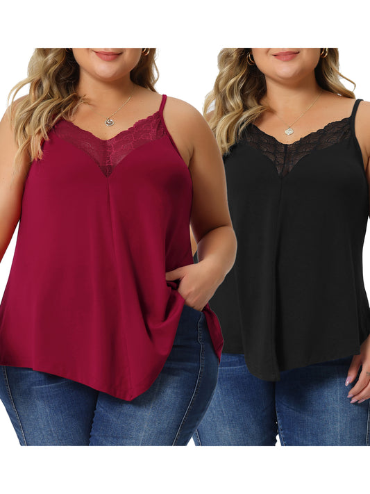 [PACK SALES] Women's Plus Size 2 Pieces Cami Tank V-Neck Lace Camisole Spaghetti Strap Tops