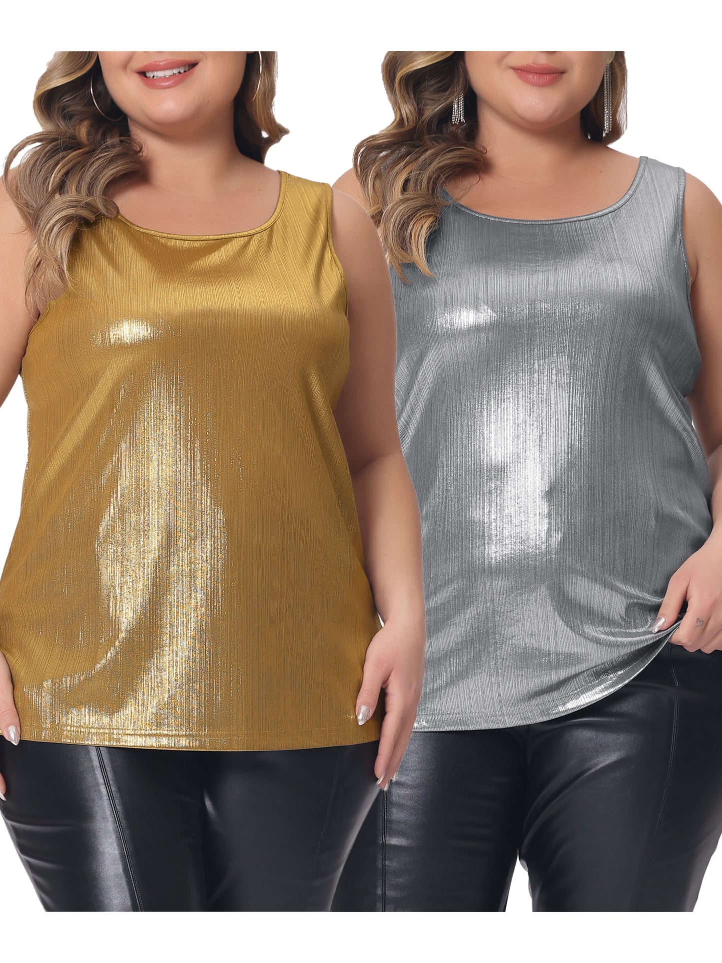 [PACK SALES] Women's Plus Size Packs Tops Round Neck Shiny Metallic Tank Top Sleeveless Party