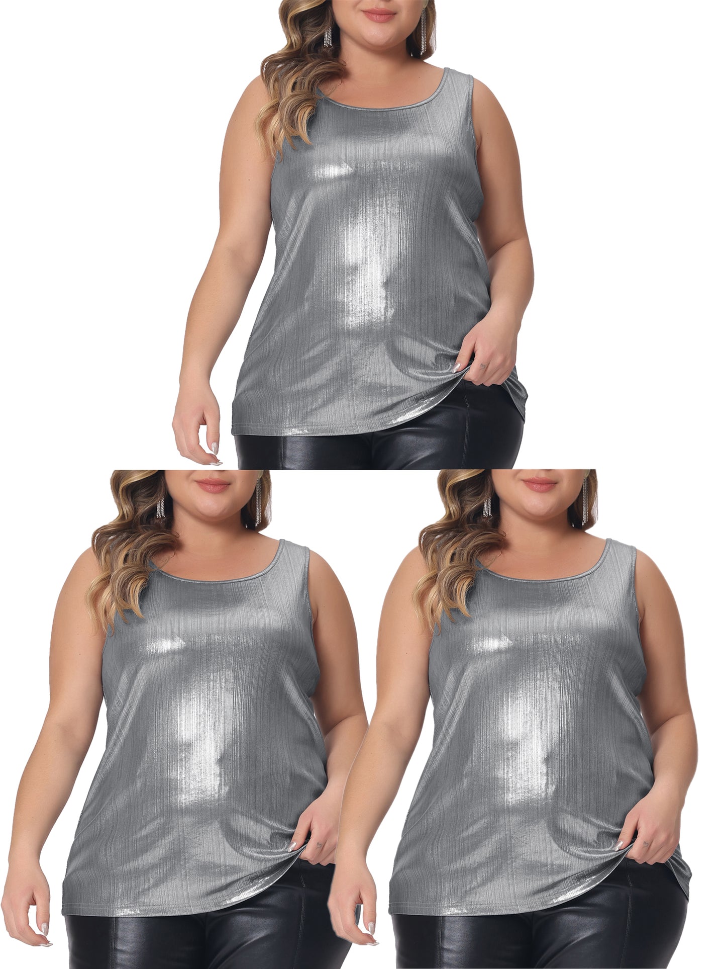 [PACK SALES] Women's Plus Size Packs Tops Round Neck Shiny Metallic Tank Top Sleeveless Party