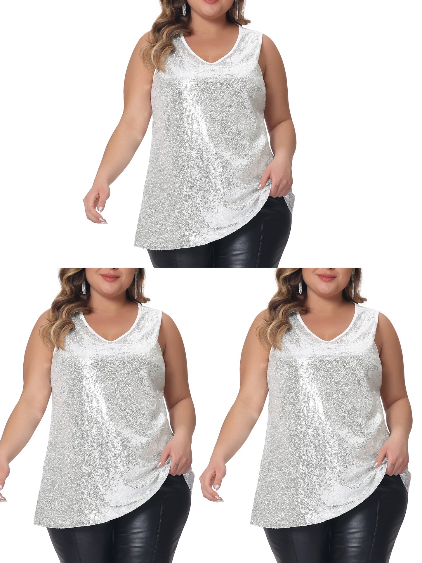 [PACK SALES] Women's Plus Size Packs V Neck Sleeveless Sparkle Shimmer Glitter Sequin Tank Top