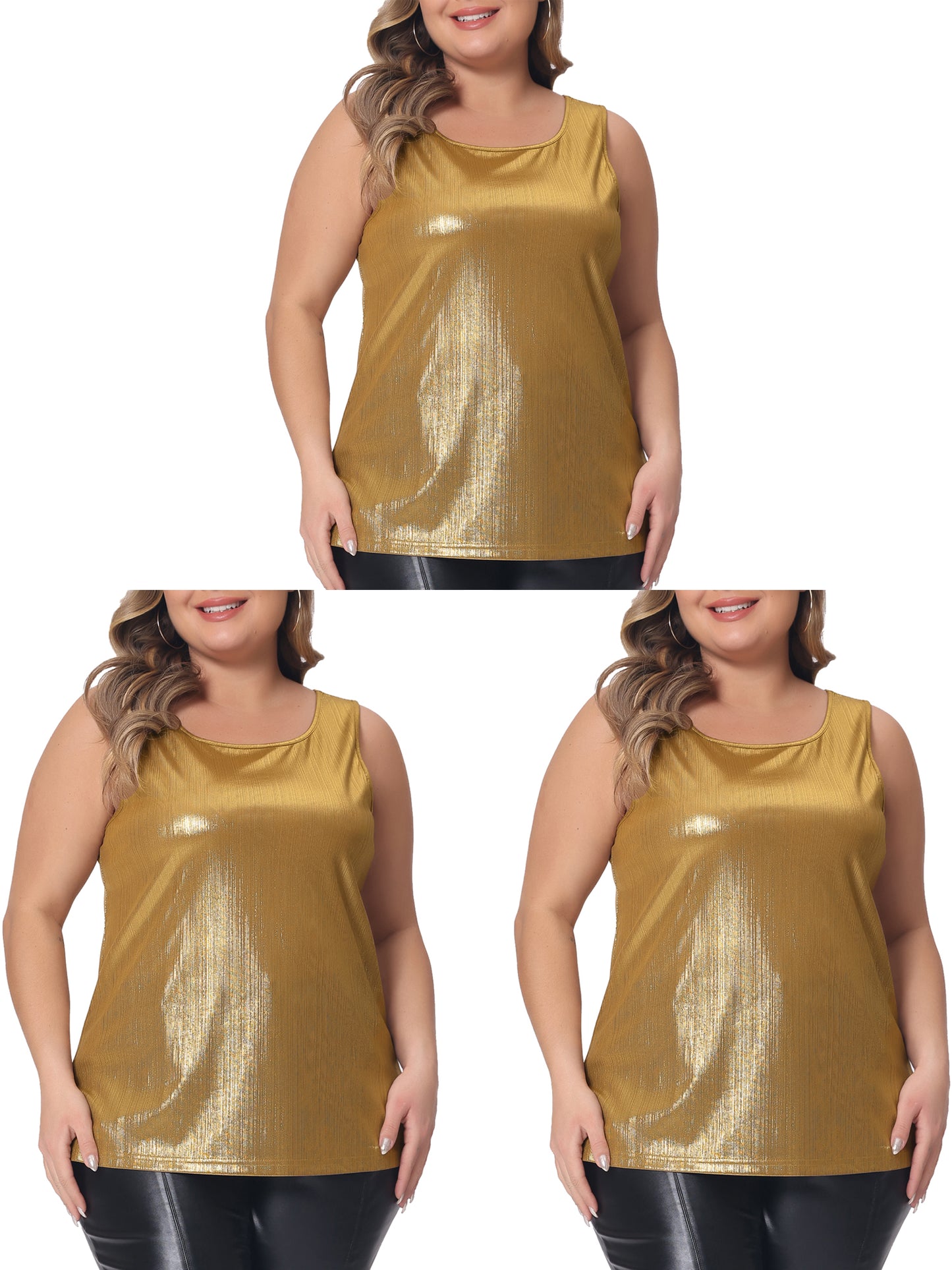 [PACK SALES] Women's Plus Size Packs Tops Round Neck Shiny Metallic Tank Top Sleeveless Party