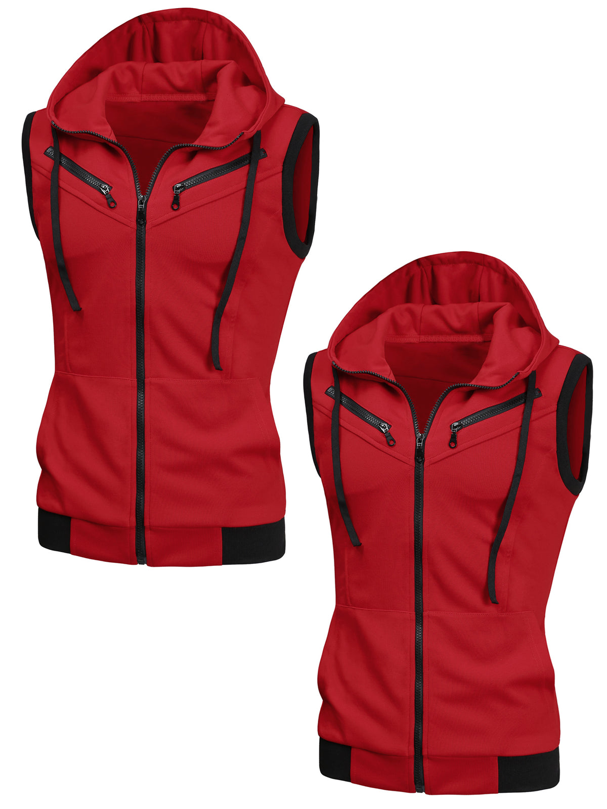 [PACK SALES] Men's 2 Pieces Casual Zip up Drawstring Hoodie Sleeveless Vests