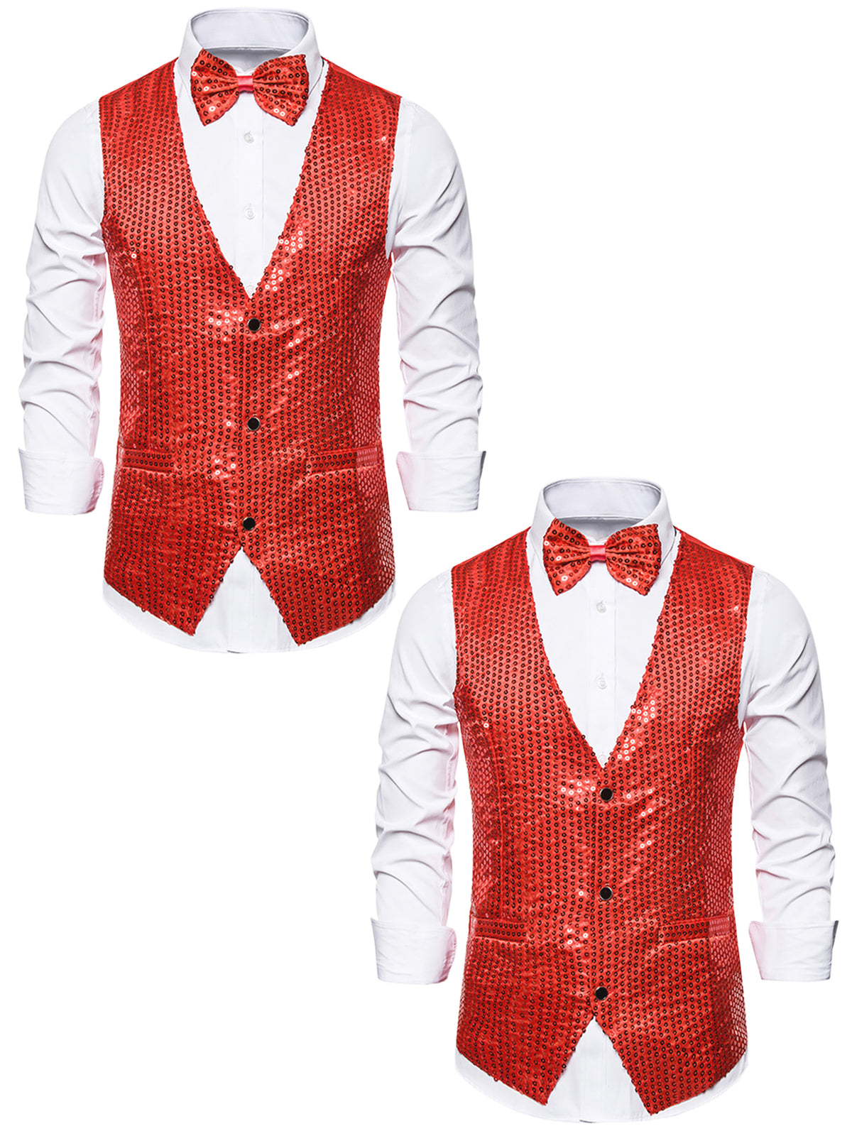 [PACK SALES] Men's 2 Pieces Sparkly Sequin Sleeveless Dress Suit Vest with Bow Tie