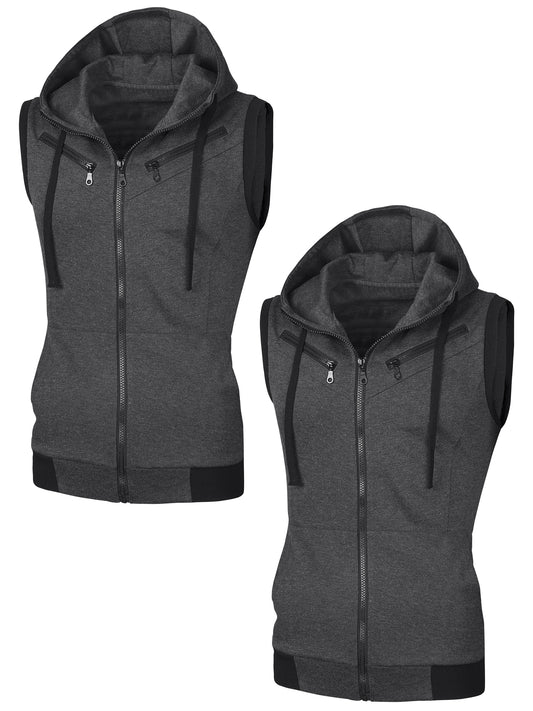 [PACK SALES] Men's 2 Pieces Casual Zip up Drawstring Hoodie Sleeveless Vests