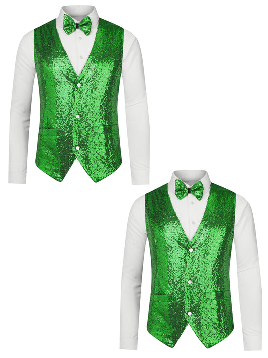 [PACK SALES] Men's 2 Pieces Disco Shiny Sequin Sleeveless Suit Waistcoat Set with Bow Tie