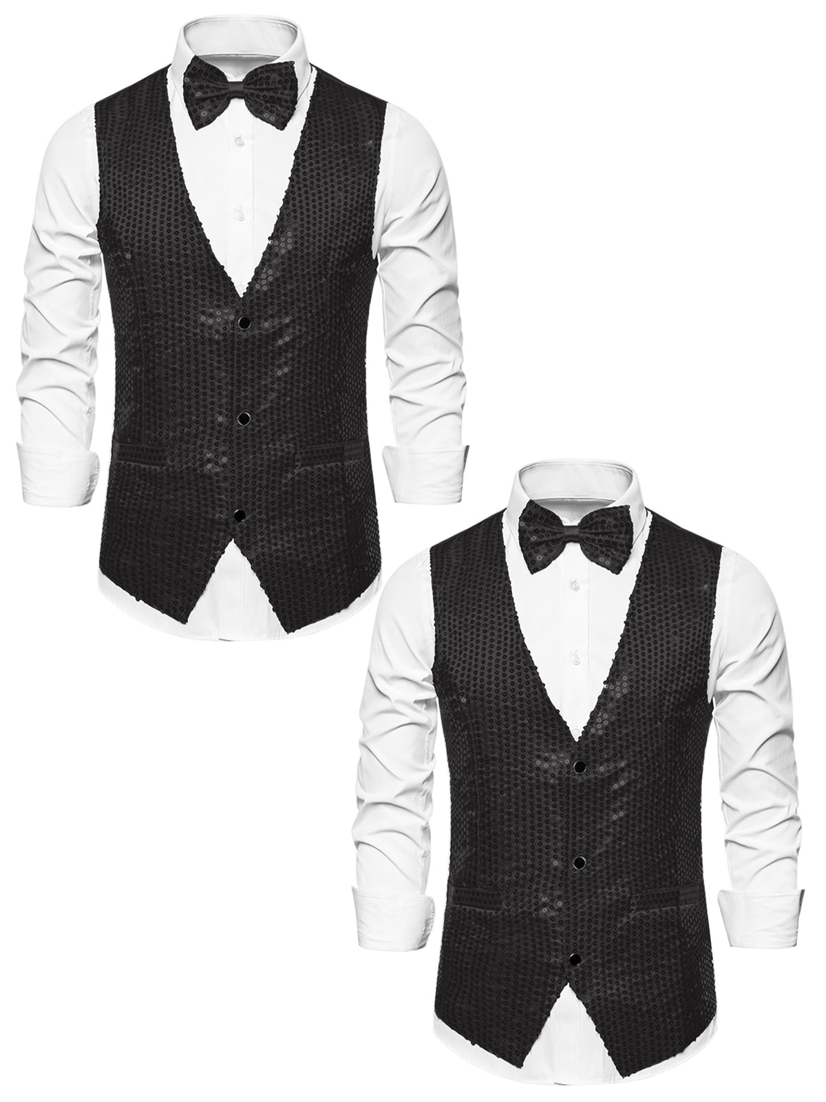 [PACK SALES] Men's 2 Pieces Sparkly Sequin Sleeveless Dress Suit Vest with Bow Tie