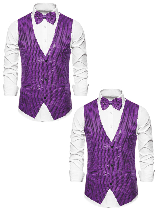 [PACK SALES] Men's 2 Pieces Sparkly Sequin Sleeveless Dress Suit Vest with Bow Tie