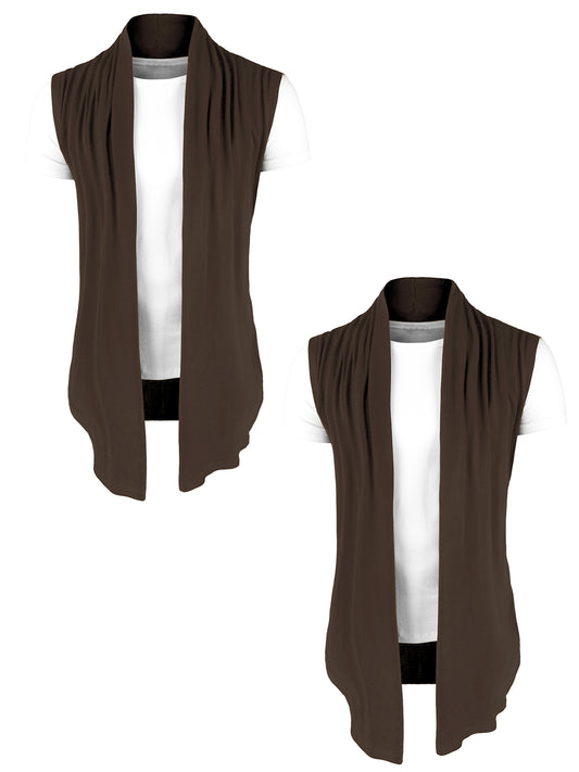 [PACK SALES] Men's 2 Pieces Open Front Asymetric Hem Sleeveless Cardigan Vest