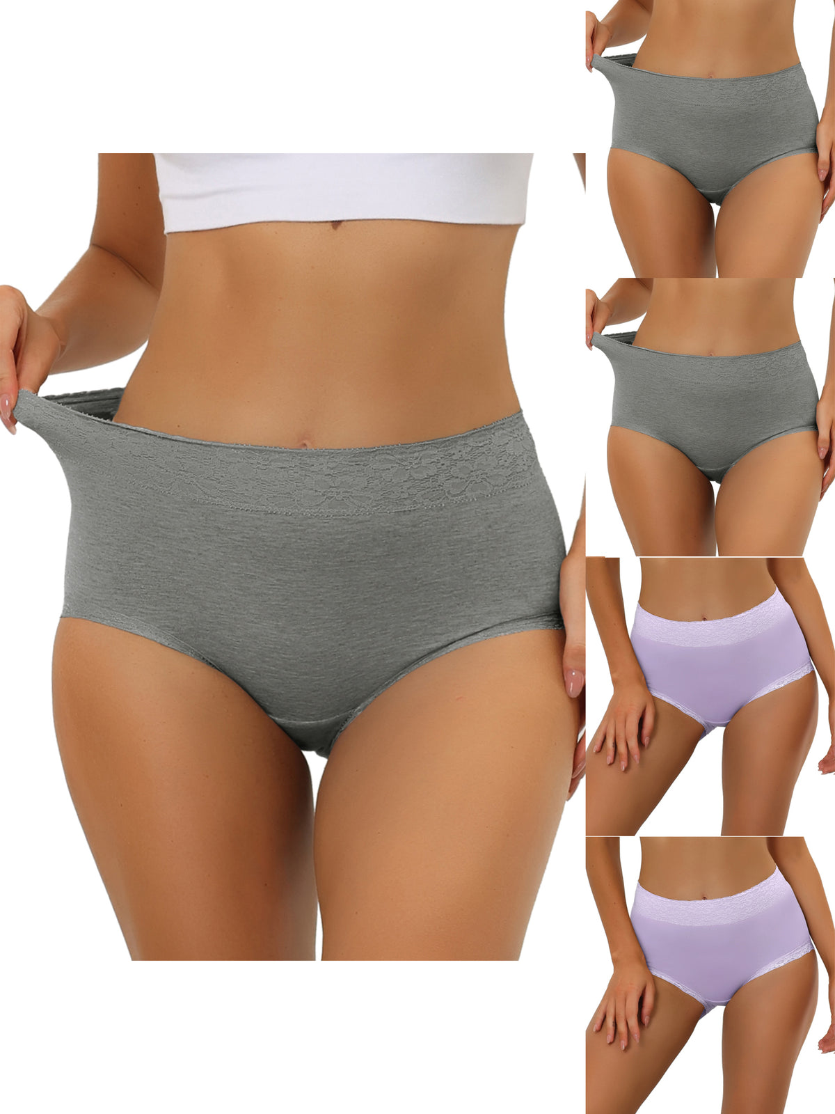 [PACK SALES] Women's 5 Pieces Cotton Underwear High-Rise Lace Trim Full Coverage Brief