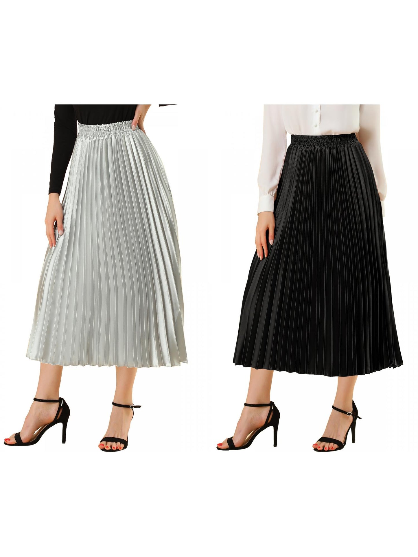 [PACK SALES] Women's 2 Pieces Elastic Waist Metallic Shiny Accordion Pleated Midi Skirt