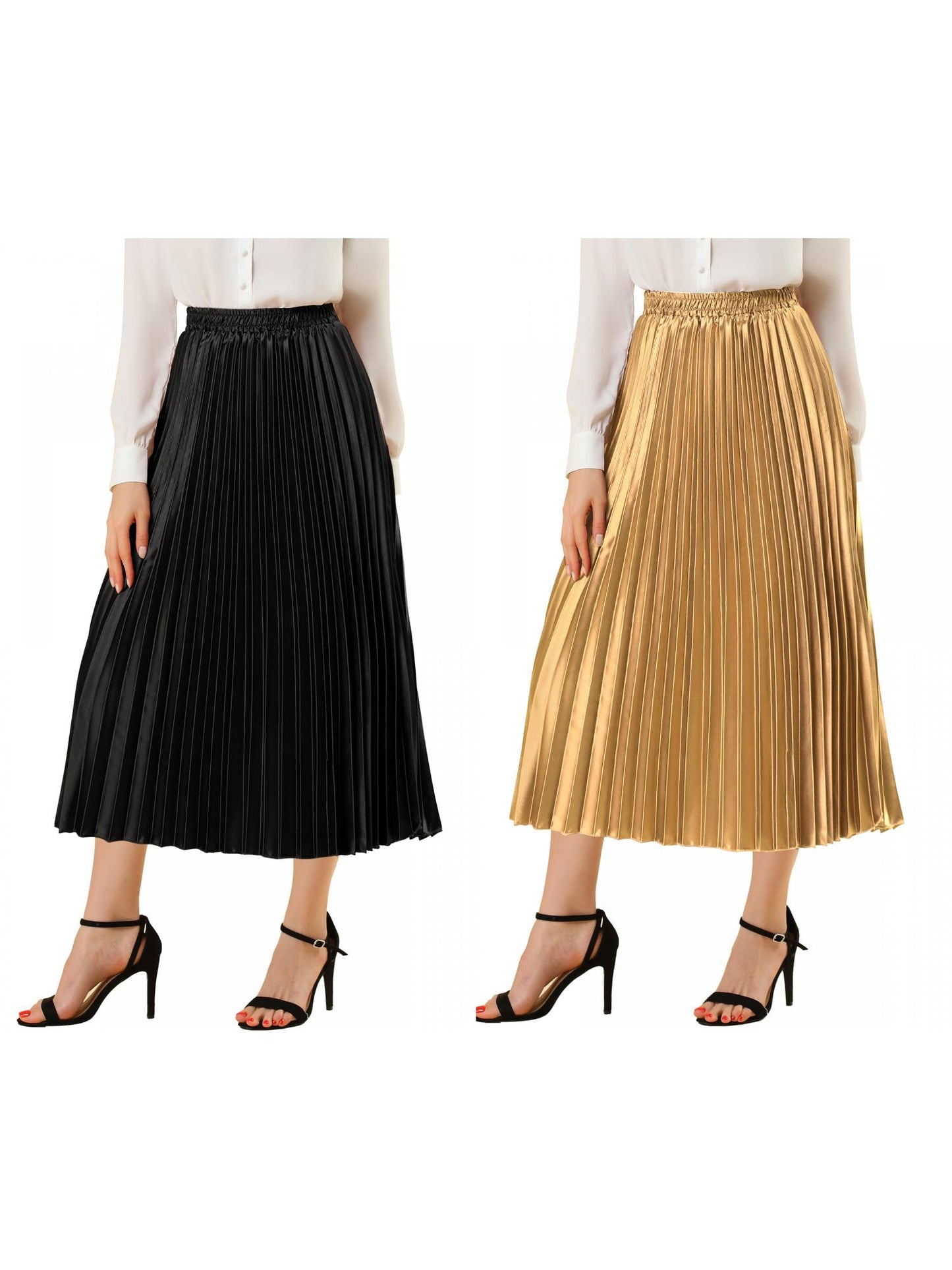 [PACK SALES] Women's 2 Pieces Elastic Waist Metallic Shiny Accordion Pleated Midi Skirt