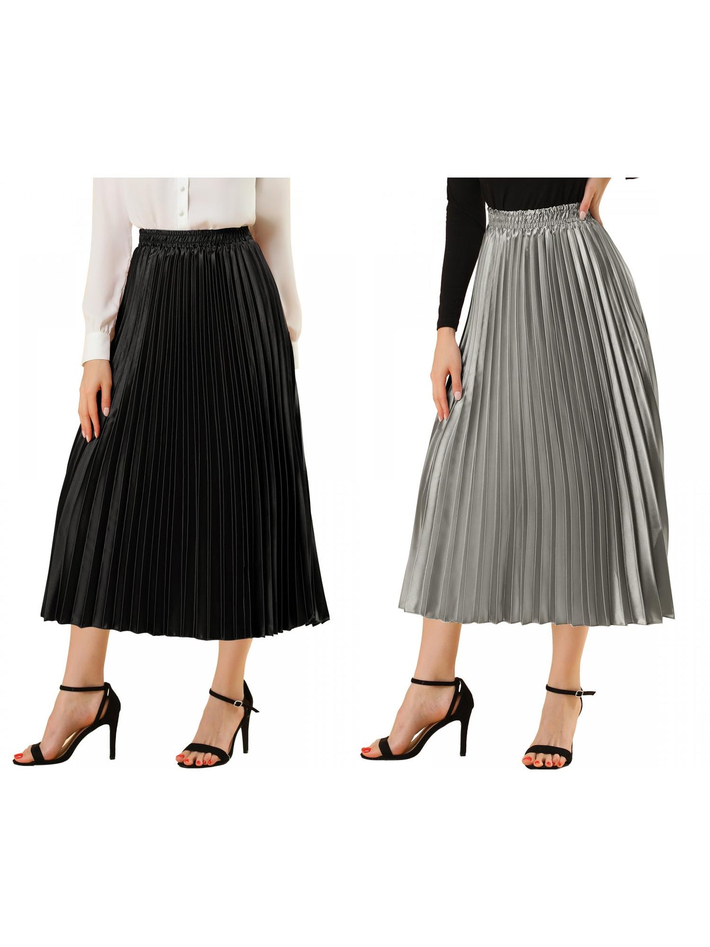 [PACK SALES] Women's 2 Pieces Elastic Waist Metallic Shiny Accordion Pleated Midi Skirt