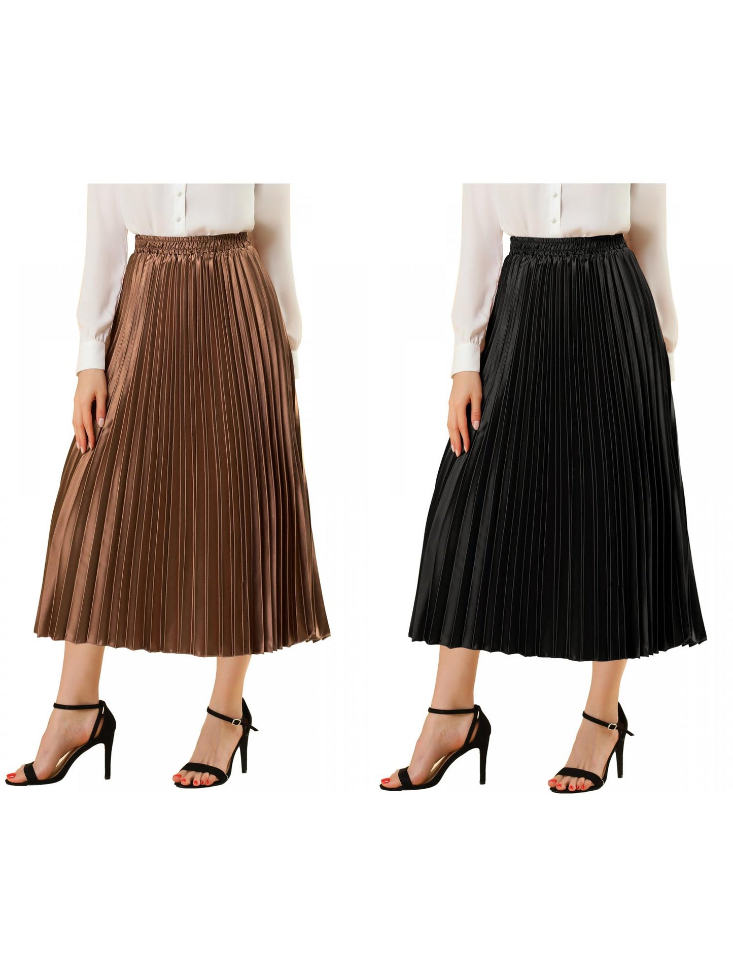 [PACK SALES] Women's 2 Pieces Elastic Waist Metallic Shiny Accordion Pleated Midi Skirt